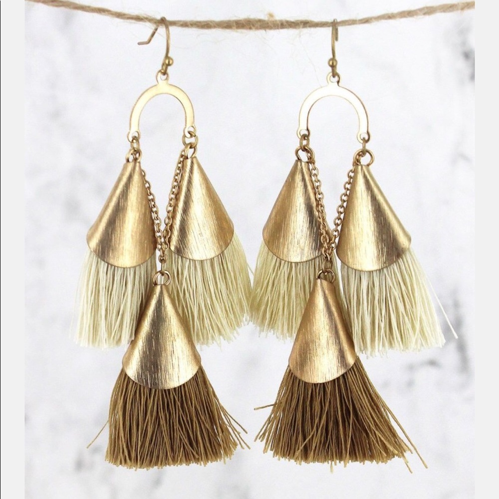 Gold tone, brown and tan tassel earrings